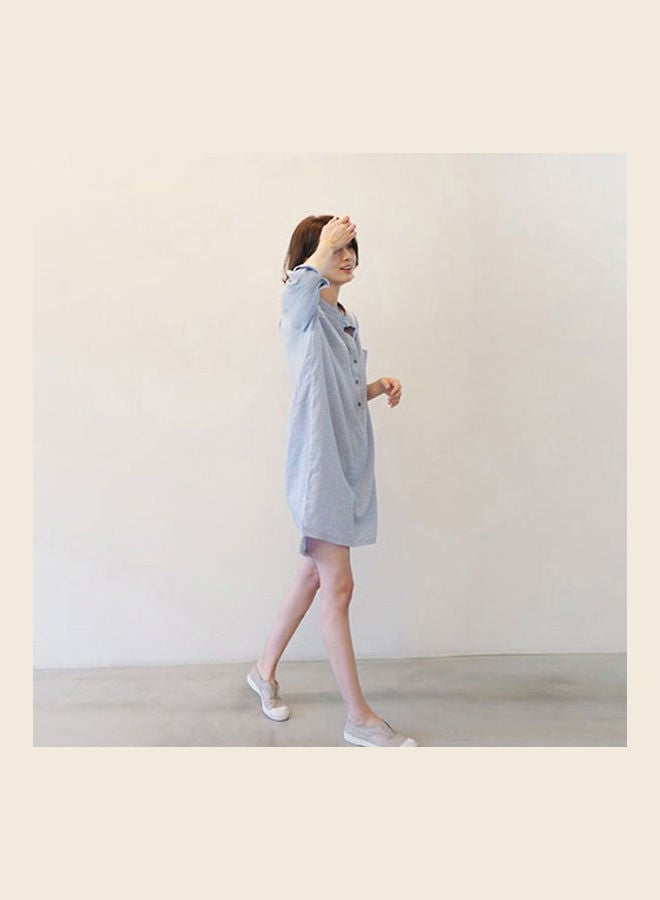 Summer Loose V Collar Cotton Stripes Medium Sleeve Shirt Dress Blue - Image 3