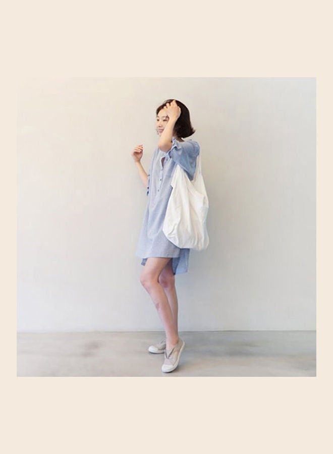 Summer Loose V Collar Cotton Stripes Medium Sleeve Shirt Dress Blue - Image 4