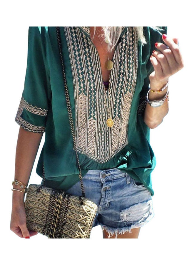 Summer Large Size Ethnic Style Stripes Printing V Collar Casual T Shirt Green - Image 1
