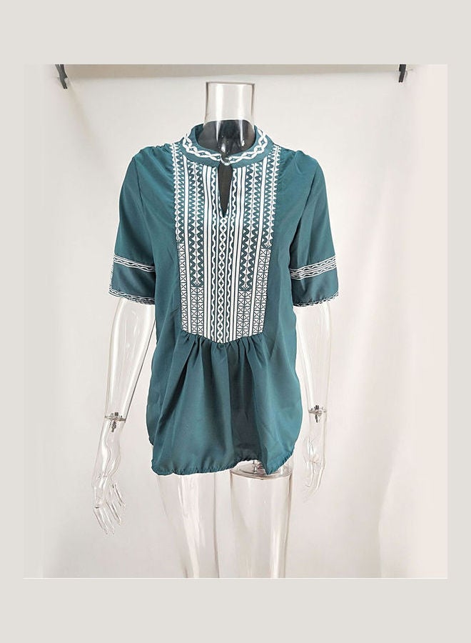 Summer Large Size Ethnic Style Stripes Printing V Collar Casual T Shirt Green - Image 3