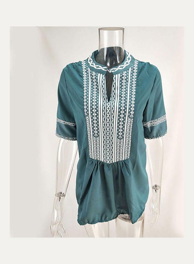 Summer Large Size Ethnic Style Stripes Printing V Collar Casual T Shirt Green - Image 4