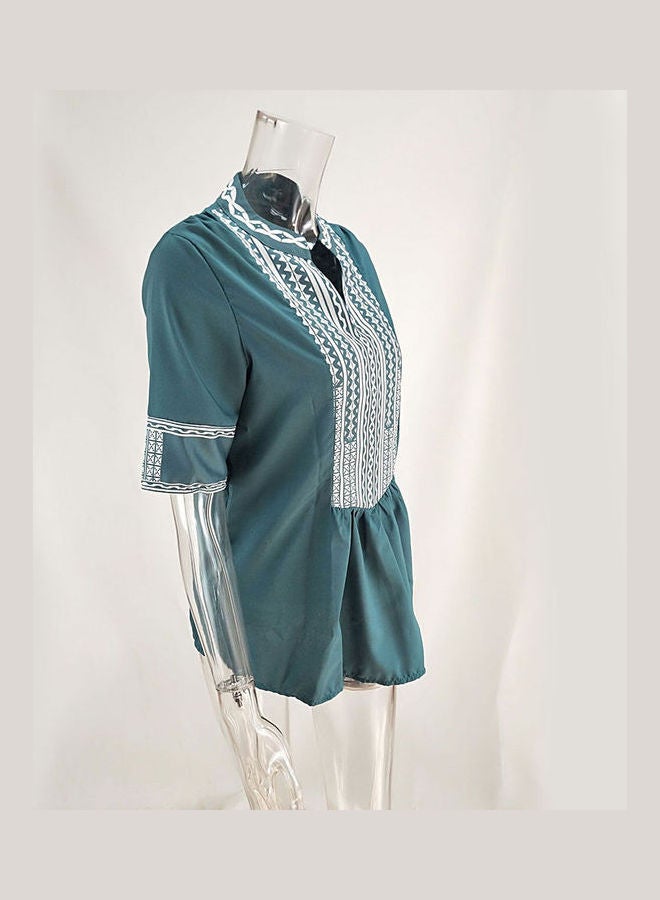 Summer Large Size Ethnic Style Stripes Printing V Collar Casual T Shirt Green - Image 5