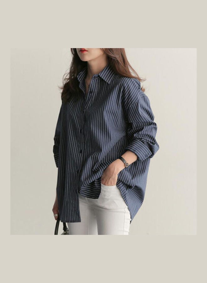 بلوزة بأكمام طويلة مزينة بطبعة مخططة فضفاضة أزرق - Image 3