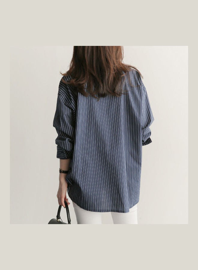 بلوزة بأكمام طويلة مزينة بطبعة مخططة فضفاضة أزرق - Image 5