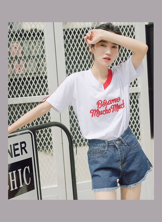High Waist Side Slit Denim Shorts Navy Blue - Image 2
