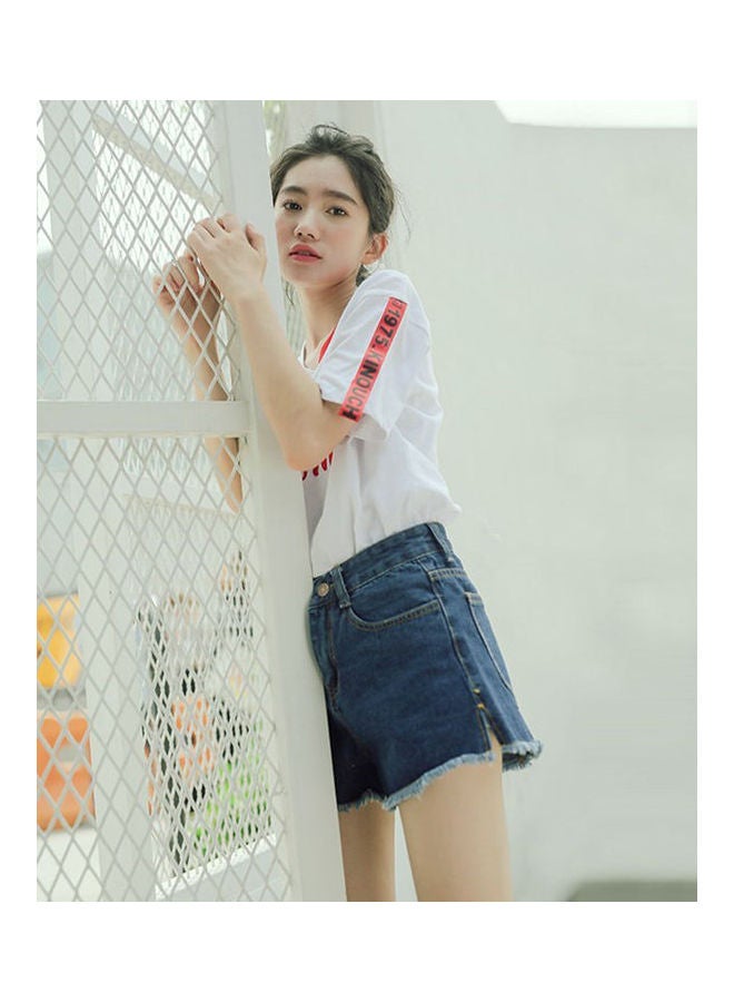 High Waist Side Slit Denim Shorts Navy Blue - Image 3