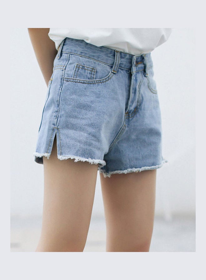 High Waist Side Slit Denim Shorts Light Blue - Image 2