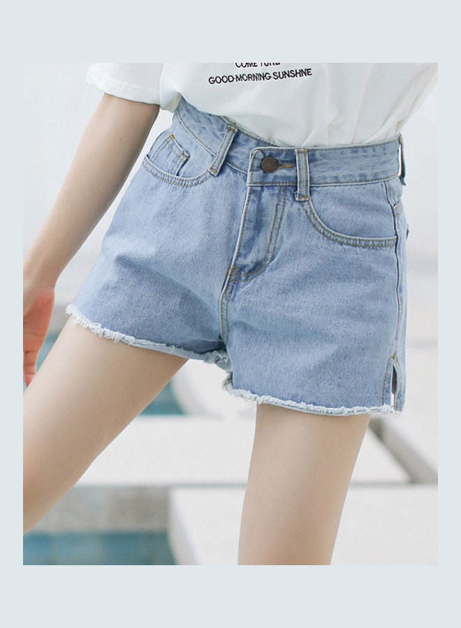 High Waist Side Slit Denim Shorts Light Blue - Image 3