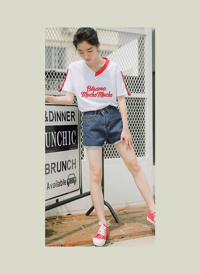 High Waist Side Slit Denim Shorts Navy Blue - Image 5