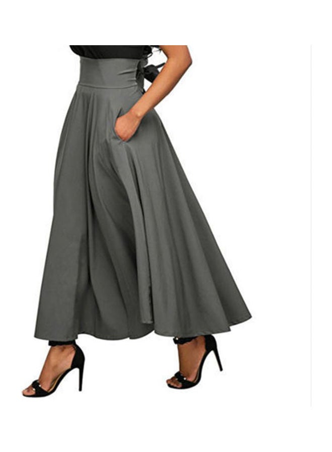Fashionable OL High Waist Maxi Pleated Flared Skirt Grey - Image 3