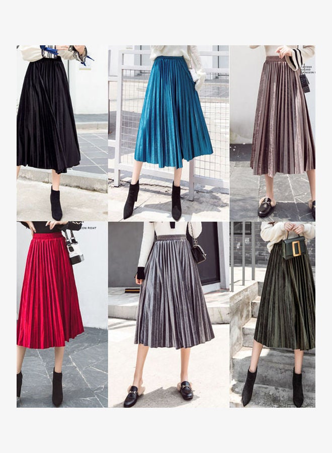 Fashion Gold Velvet High Waist Pleated A-line Skirt Grey  - Image 2