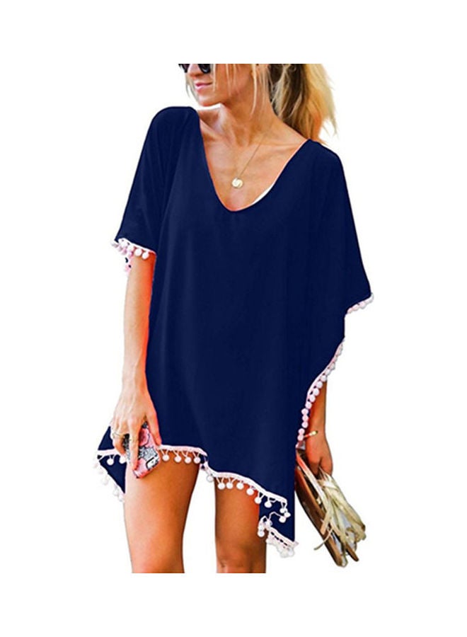 Beach Blouse Tops With White Tassel Ball Navy Blue - Image 1