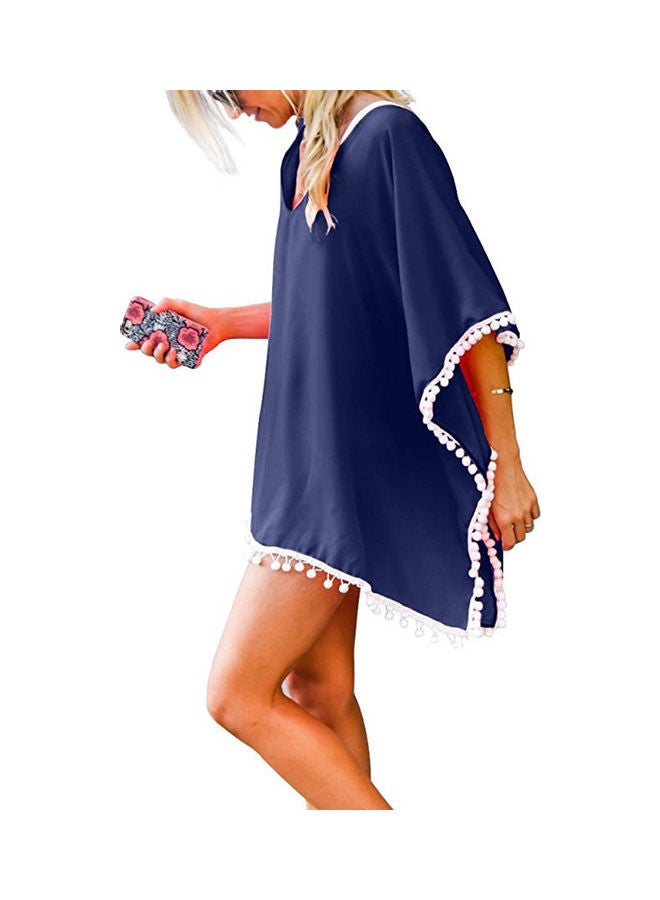 Beach Blouse Tops With White Tassel Ball Navy Blue - Image 3