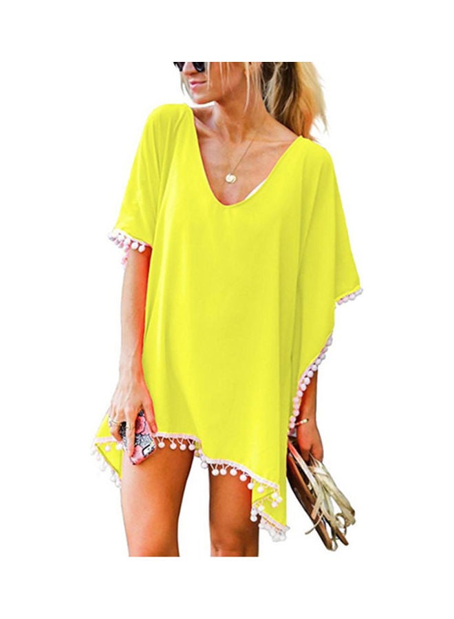 Beach Blouse Tops With White Tassel Ball Yellow - Image 1