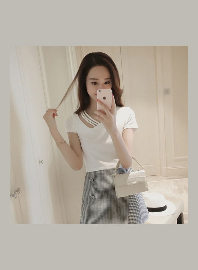 Summer Slim Fit V Neck Short Sleeve T-Shirt White - Image 1