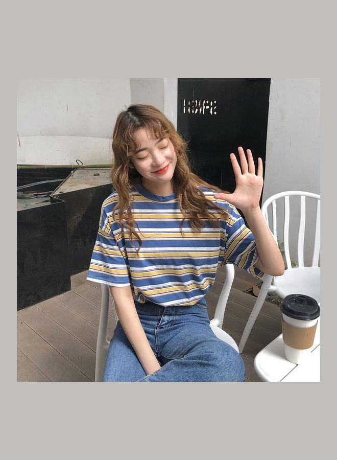 Short Sleeve Stripe College Style Loose Crew Neck Base T-Shirt Blue - Image 1