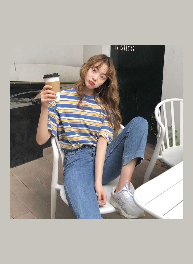 Short Sleeve Stripe College Style Loose Crew Neck Base T-Shirt Blue - Image 3