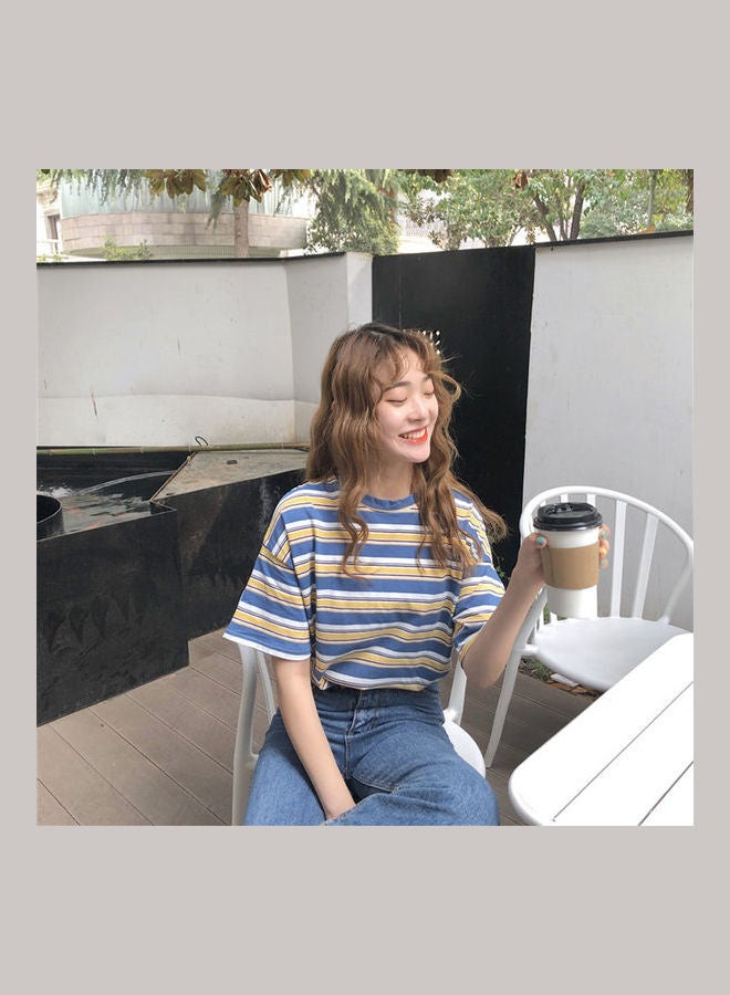 Short Sleeve Stripe College Style Loose Crew Neck Base T-Shirt Blue - Image 4