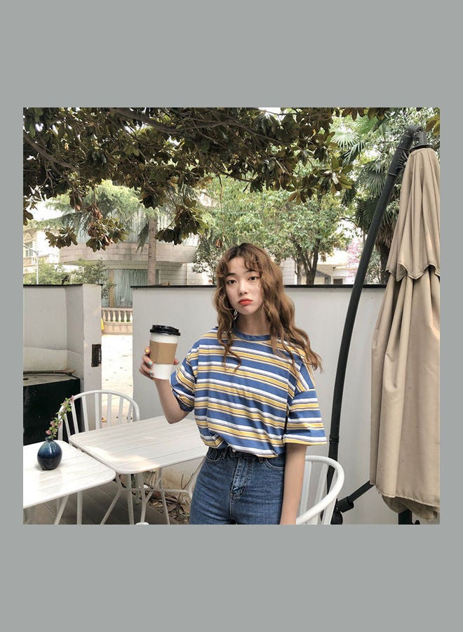 Short Sleeve Stripe College Style Loose Crew Neck Base T-Shirt Blue - Image 5