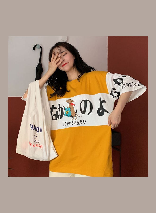 Harajuku Style Crew Neck Half Sleeve Couple Wear T-Shirt Yellow - Image 1