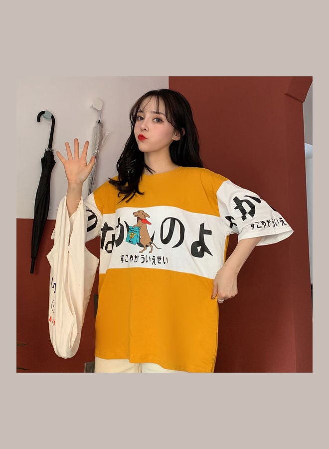 Harajuku Style Crew Neck Half Sleeve Couple Wear T-Shirt Yellow - Image 3