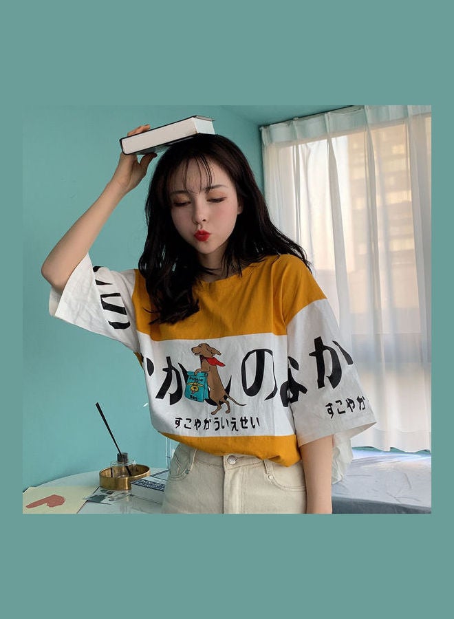 Harajuku Style Crew Neck Half Sleeve Couple Wear T-Shirt Yellow - Image 4