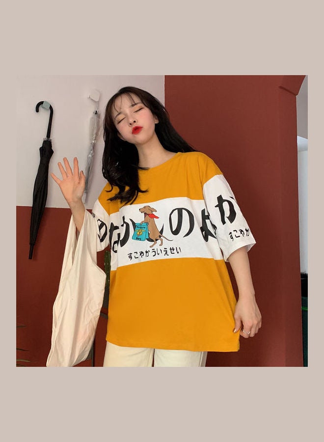Harajuku Style Crew Neck Half Sleeve Couple Wear T-Shirt Yellow - Image 5