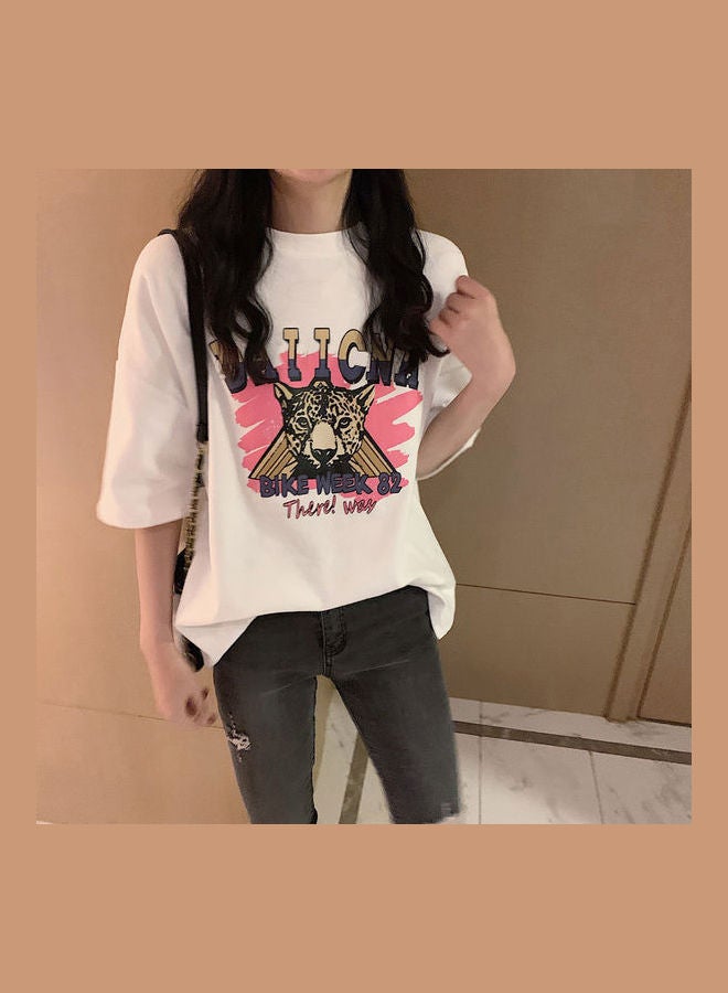 Cartoon Printing Pattern Oversize Short Sleeve Shirt Tops T-shirt White - Image 1