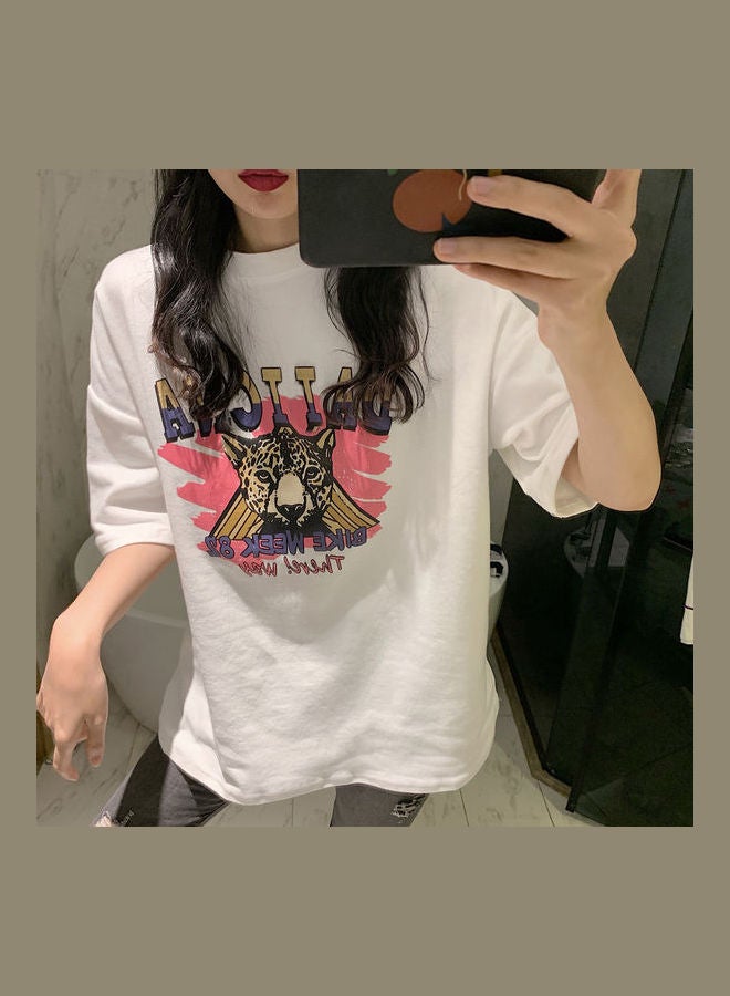 Cartoon Printing Pattern Oversize Short Sleeve Shirt Tops T-shirt White - Image 3