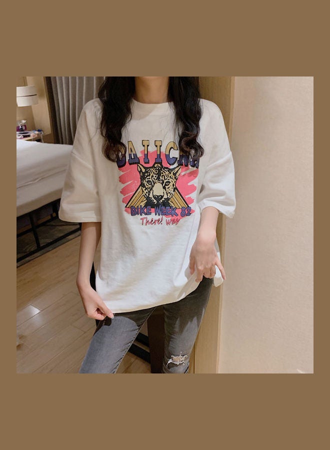 Cartoon Printing Pattern Oversize Short Sleeve Shirt Tops T-shirt White - Image 4