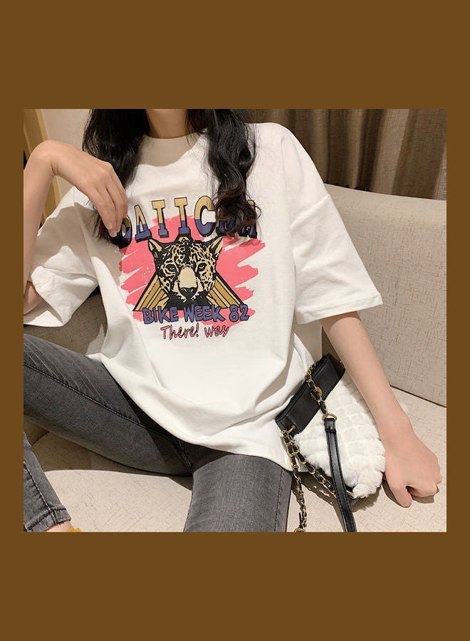 Cartoon Printing Pattern Oversize Short Sleeve Shirt Tops T-shirt White - Image 5
