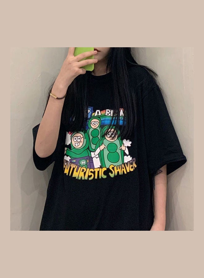 Cartoon Printing Pattern Loose Oversize Short Sleeve Shirt Tops Black - Image 1