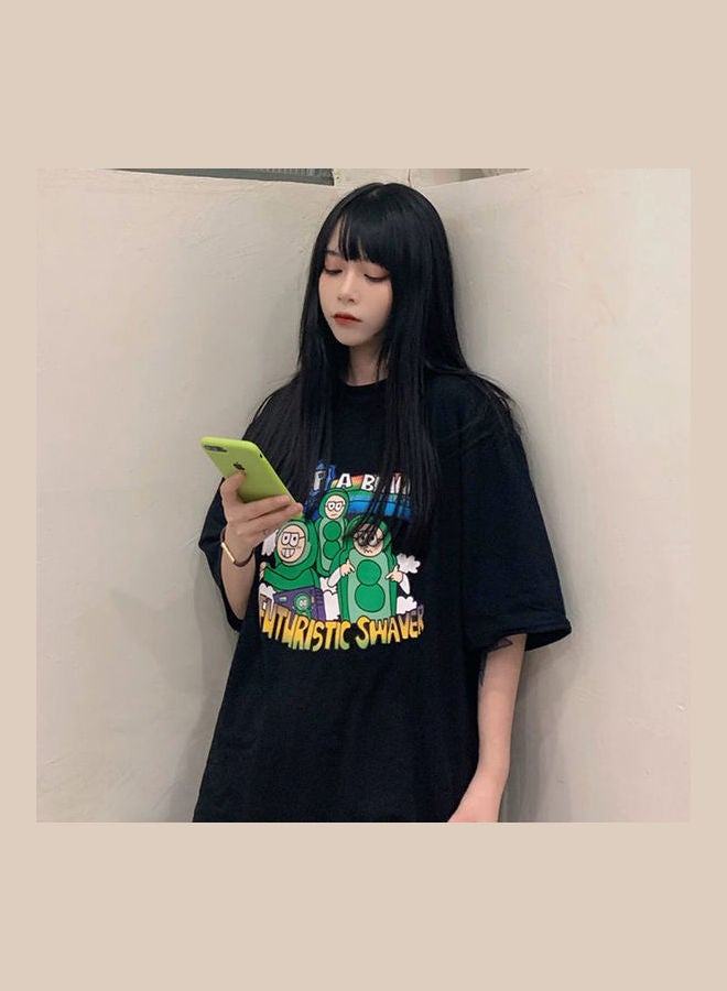Cartoon Printing Pattern Loose Oversize Short Sleeve Shirt Tops Black - Image 3