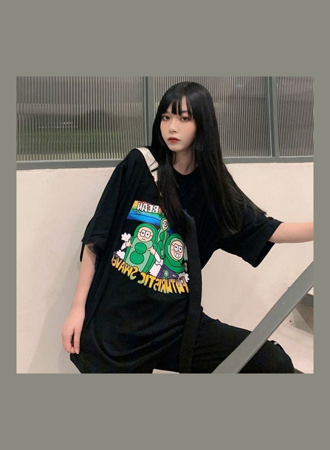Cartoon Printing Pattern Loose Oversize Short Sleeve Shirt Tops Black - Image 4