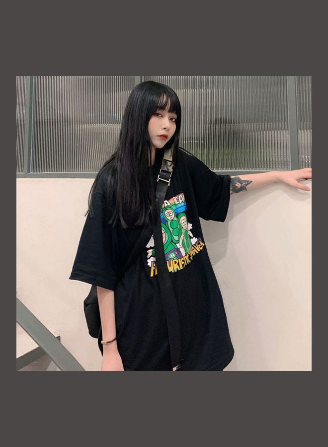 Cartoon Printing Pattern Loose Oversize Short Sleeve Shirt Tops Black - Image 5