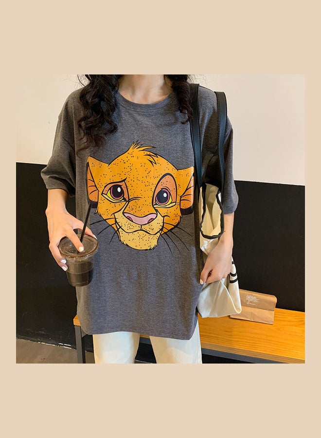 Couple Wear Cartoon Short Sleeve Crew Neck Pullover Tops Dark Grey  - Image 1