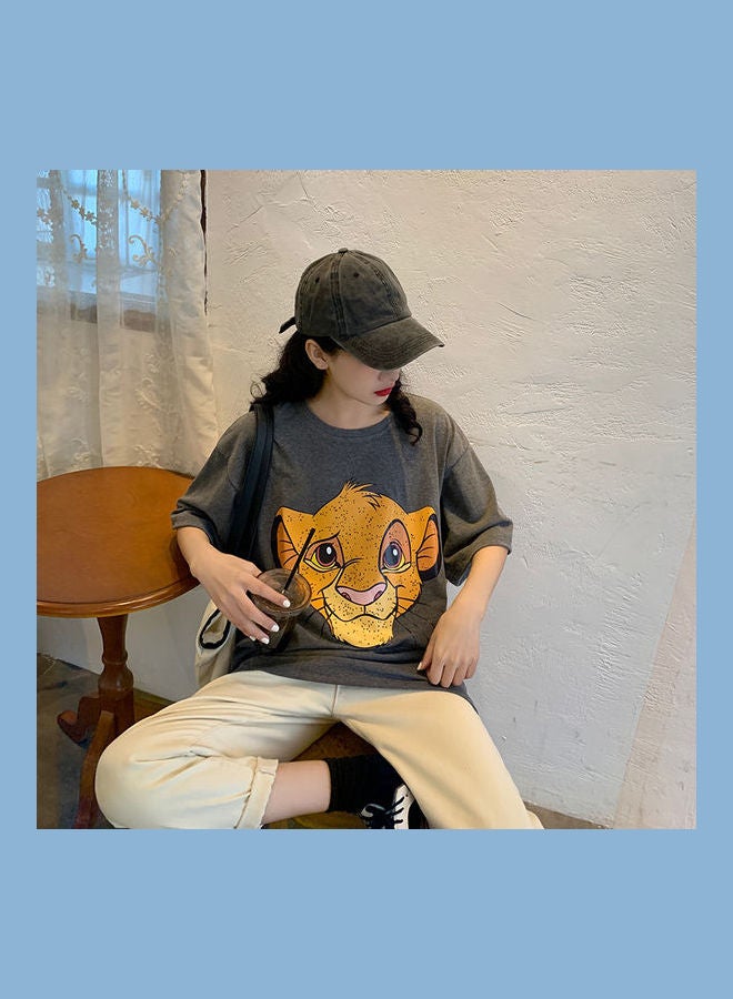 Couple Wear Cartoon Short Sleeve Crew Neck Pullover Tops Dark Grey  - Image 3