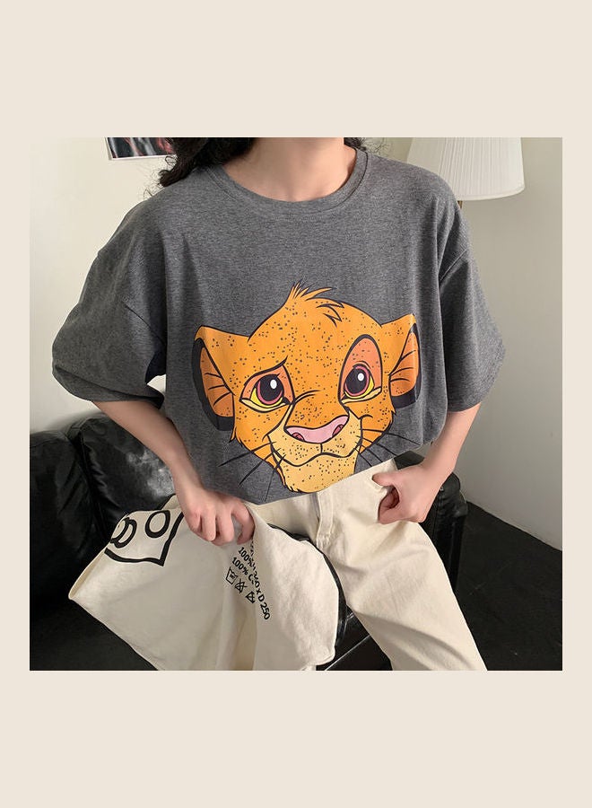 Couple Wear Cartoon Short Sleeve Crew Neck Pullover Tops Dark Grey  - Image 4