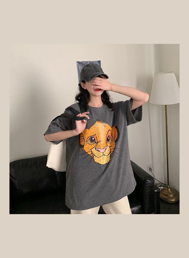 Couple Wear Cartoon Short Sleeve Crew Neck Pullover Tops Dark Grey  - Image 5