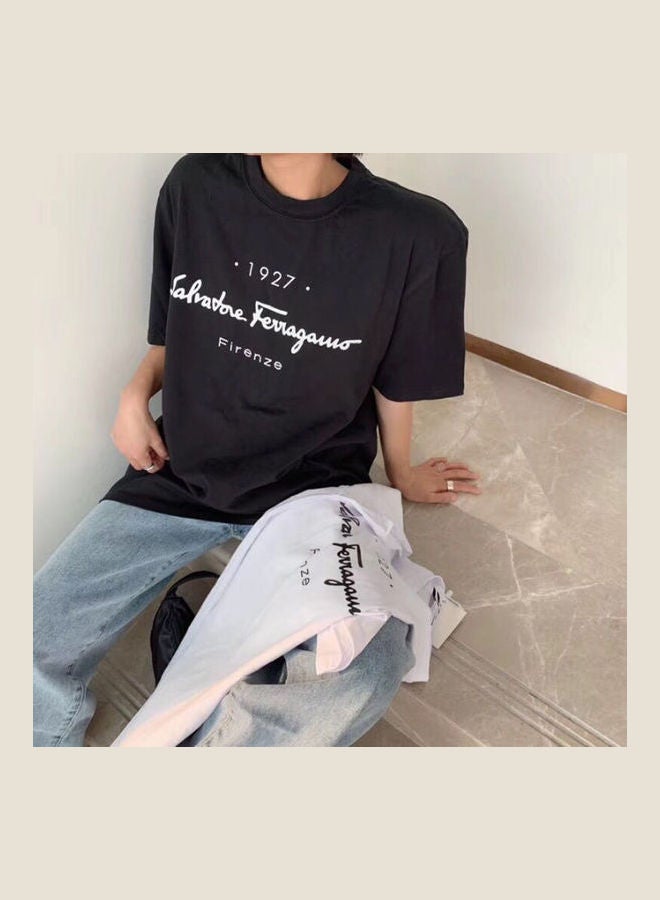 Summer Tops Letter Short Sleeve Crew Neck Loose Pullover T-Shirt Black  - Image 1