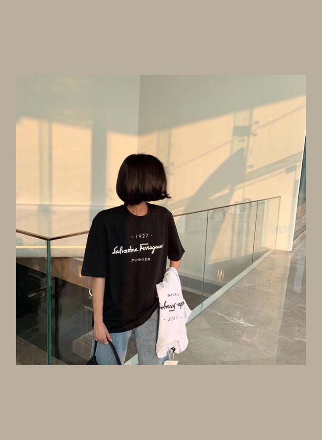 Summer Tops Letter Short Sleeve Crew Neck Loose Pullover T-Shirt Black  - Image 3