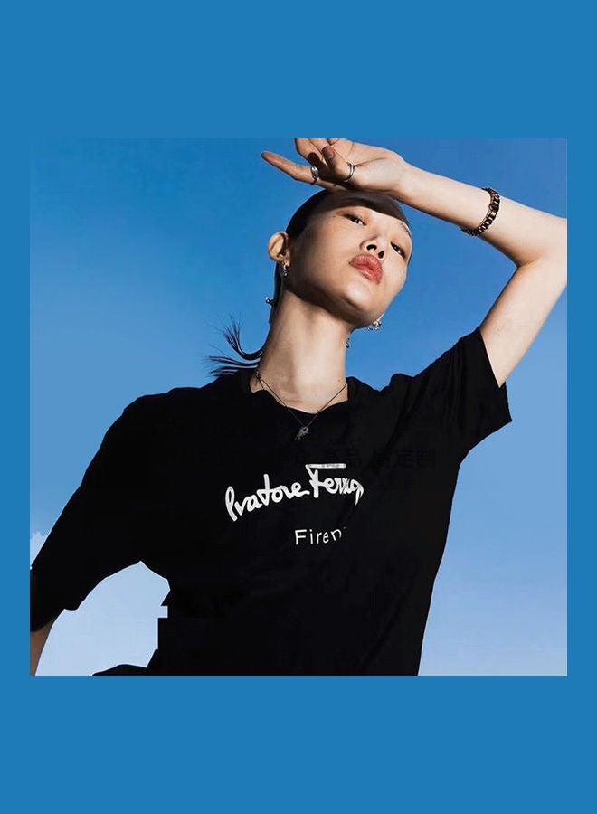 Summer Tops Letter Short Sleeve Crew Neck Loose Pullover T-Shirt Black  - Image 4