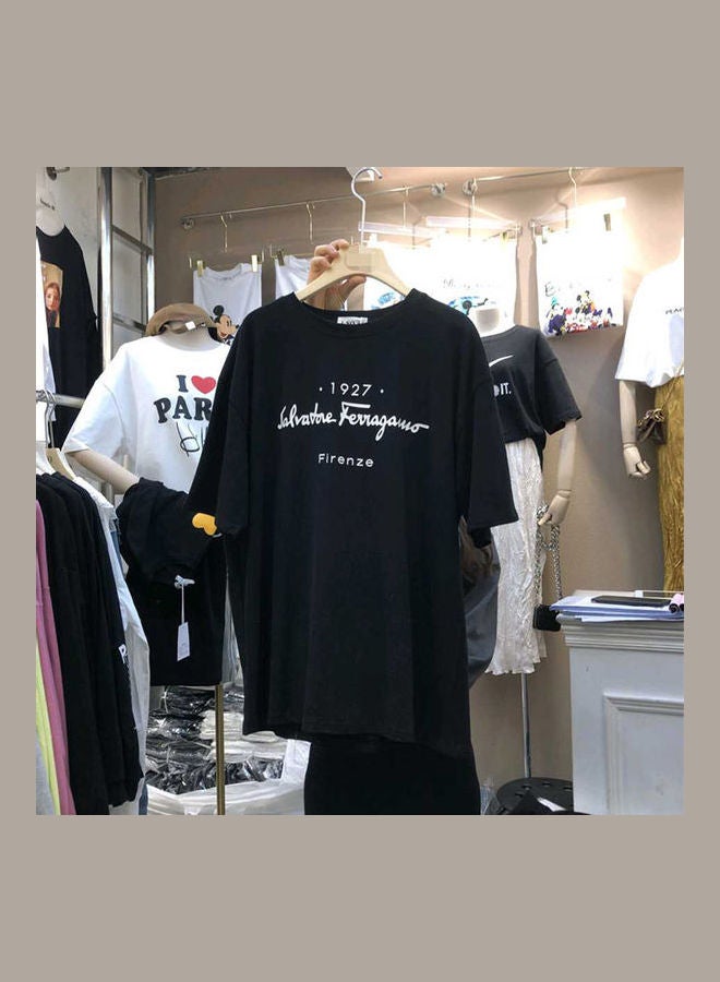 Summer Tops Letter Short Sleeve Crew Neck Loose Pullover T-Shirt Black  - Image 5