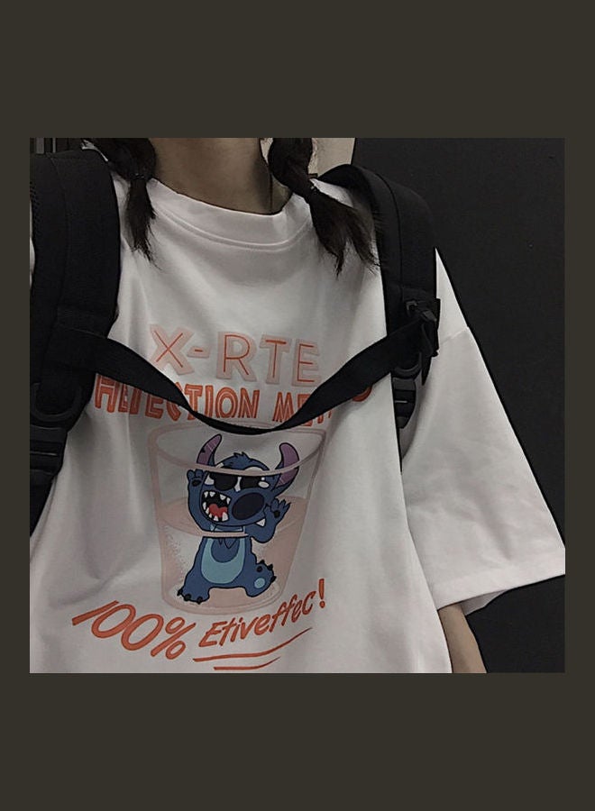 Summer T-Shirt Tops Short Sleeve Rat Letter Crew Neck Loose Pullover White  - Image 4