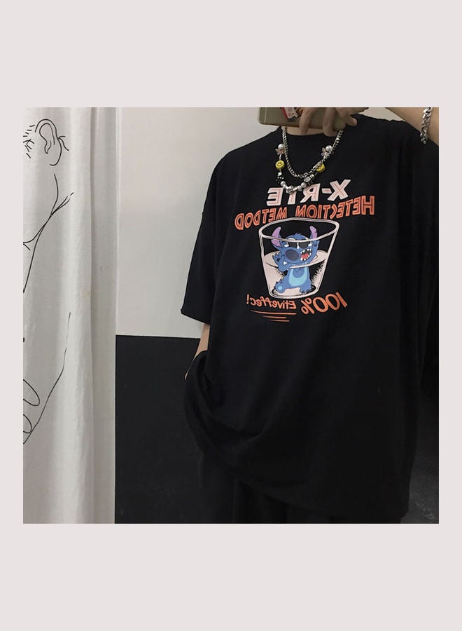 Summer Short Sleeve Rat Letter Crew Neck Pullover T-Shirt Tops Black  - Image 5