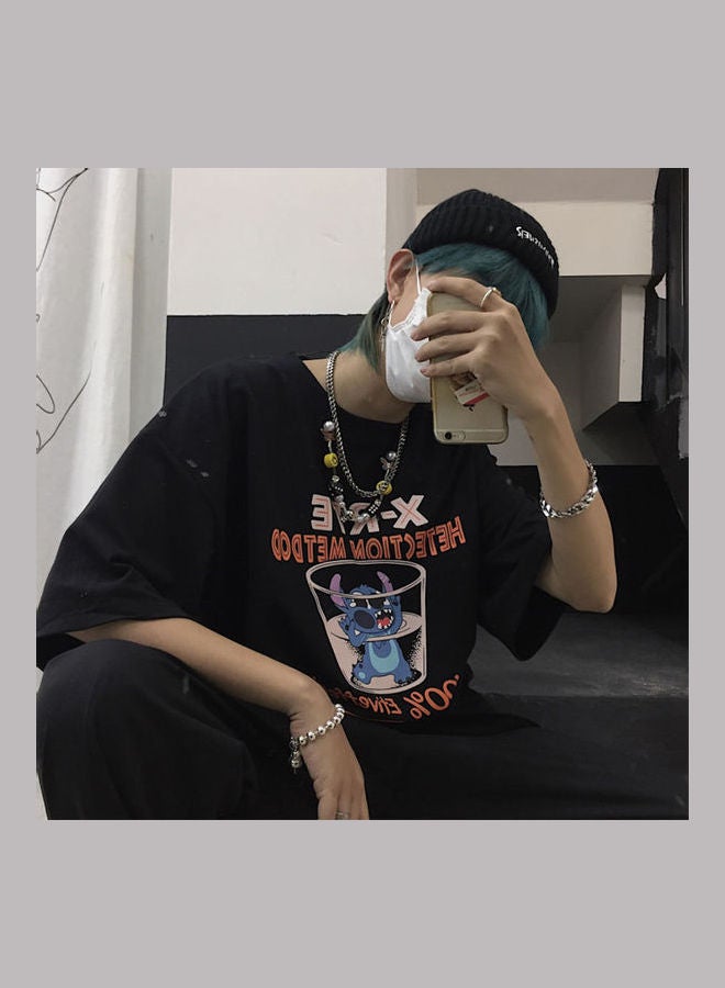 Summer Short Sleeve Rat Letter Crew Neck Pullover T-Shirt Tops Black  - Image 4