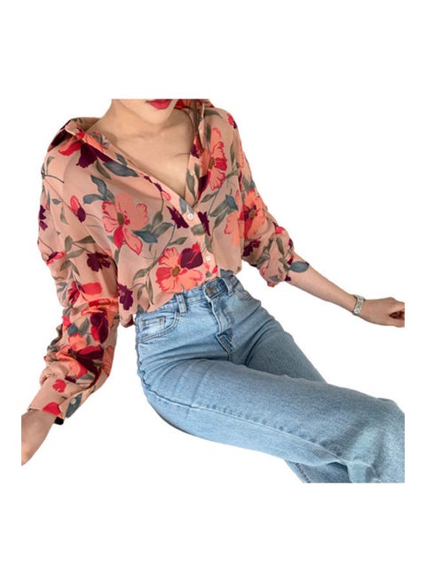 Shirt Suits With Thin Long Sleeved Floral Chiffon Set Light Pink