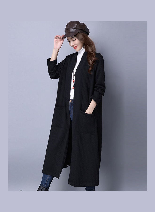 Cotton Linen Thick Windbreaker Cardigan Coat Black  - Image 1