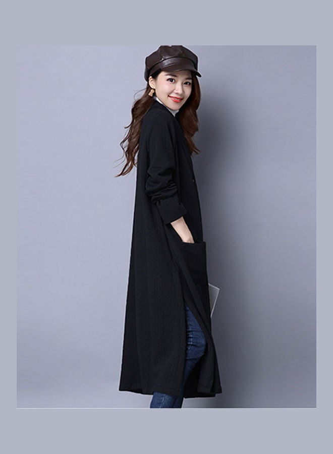 Cotton Linen Thick Windbreaker Cardigan Coat Black  - Image 2
