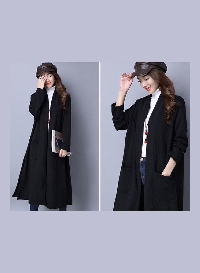 Cotton Linen Thick Windbreaker Cardigan Coat Black  - Image 3
